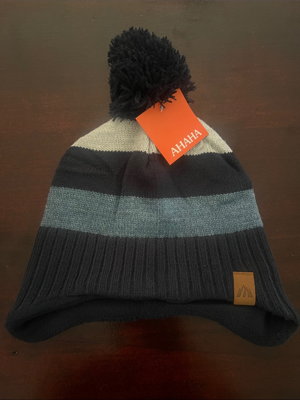 Kids Striped Pom Beanie Hat in Black, Gray & Cream